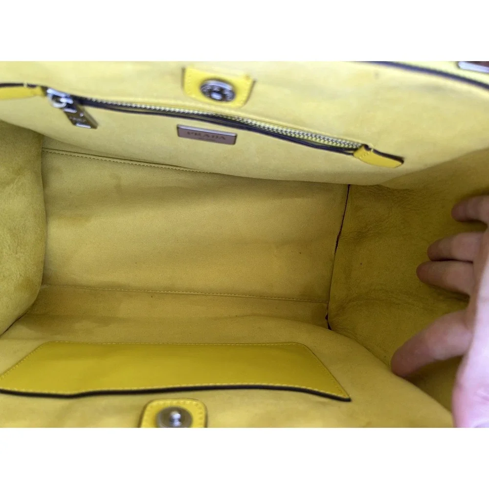 Prada Vitello Daino Yellow Leather Double Zip Tote Satchel Handbag